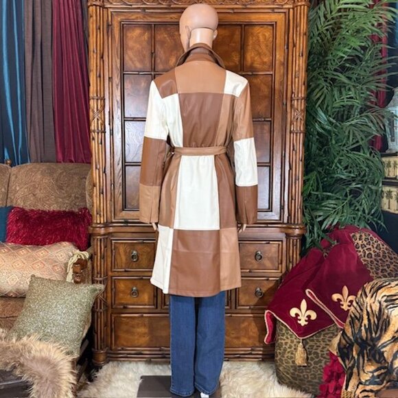 Forever 21 Faux Leather Neutral Patchwork Belted Slit Cuff Coat - Picture 8 of 16